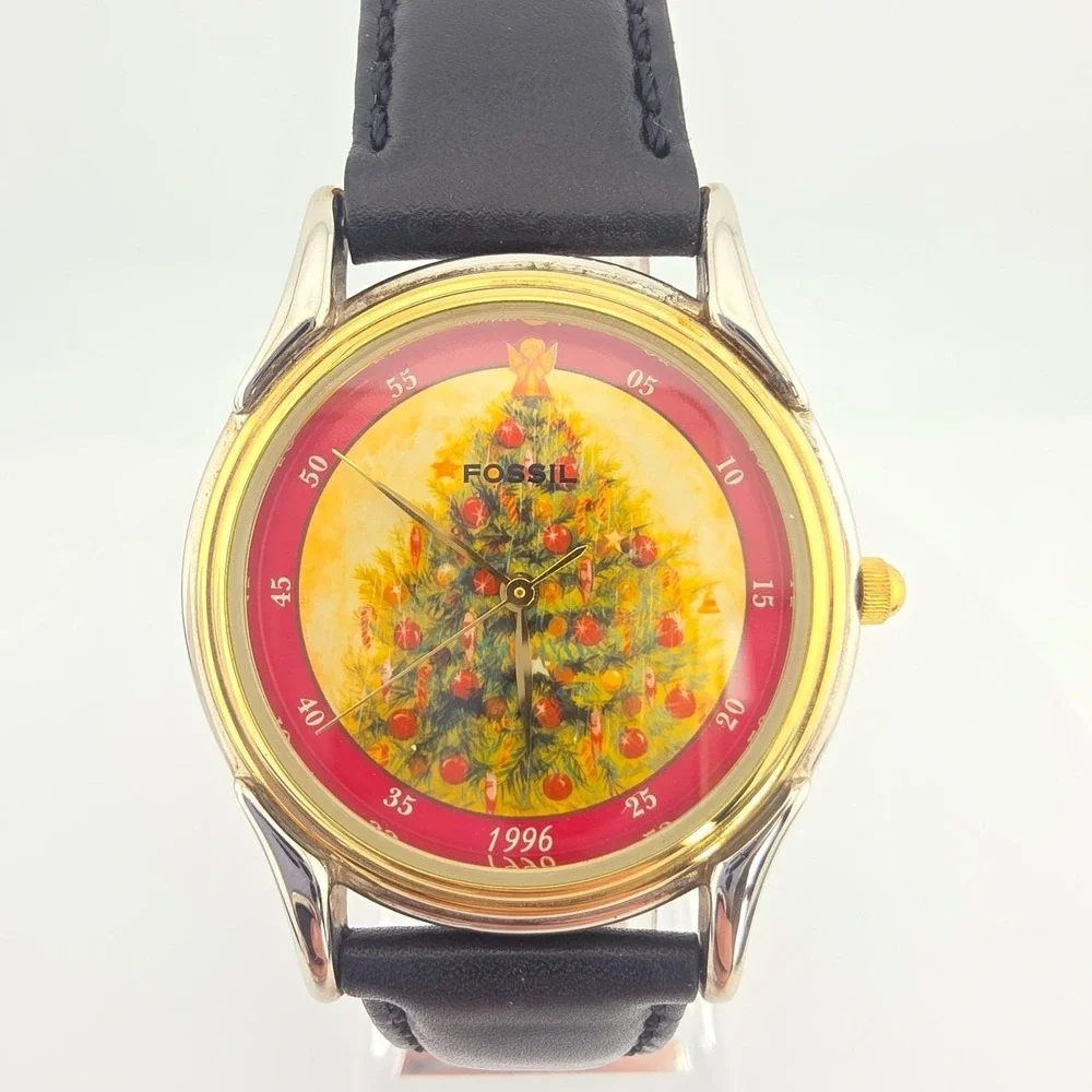 Vtg 1996 FOSSIL Watch Limited Edition Christmas Tree Holiday Black Leather 8